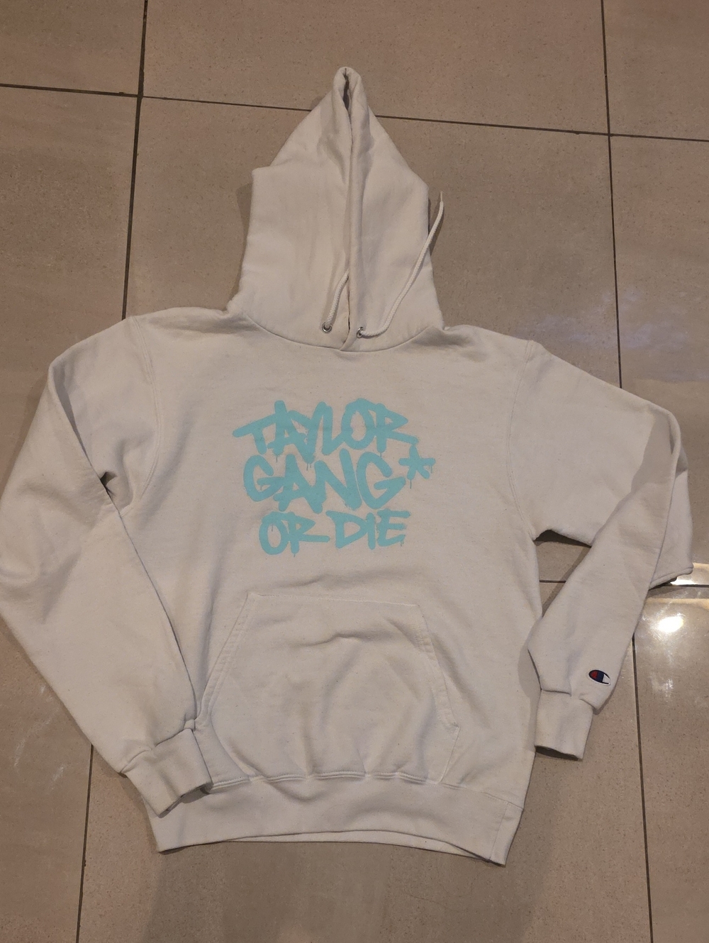 Taylor Cream Hoodie with Light Blue Graffiti Logo
